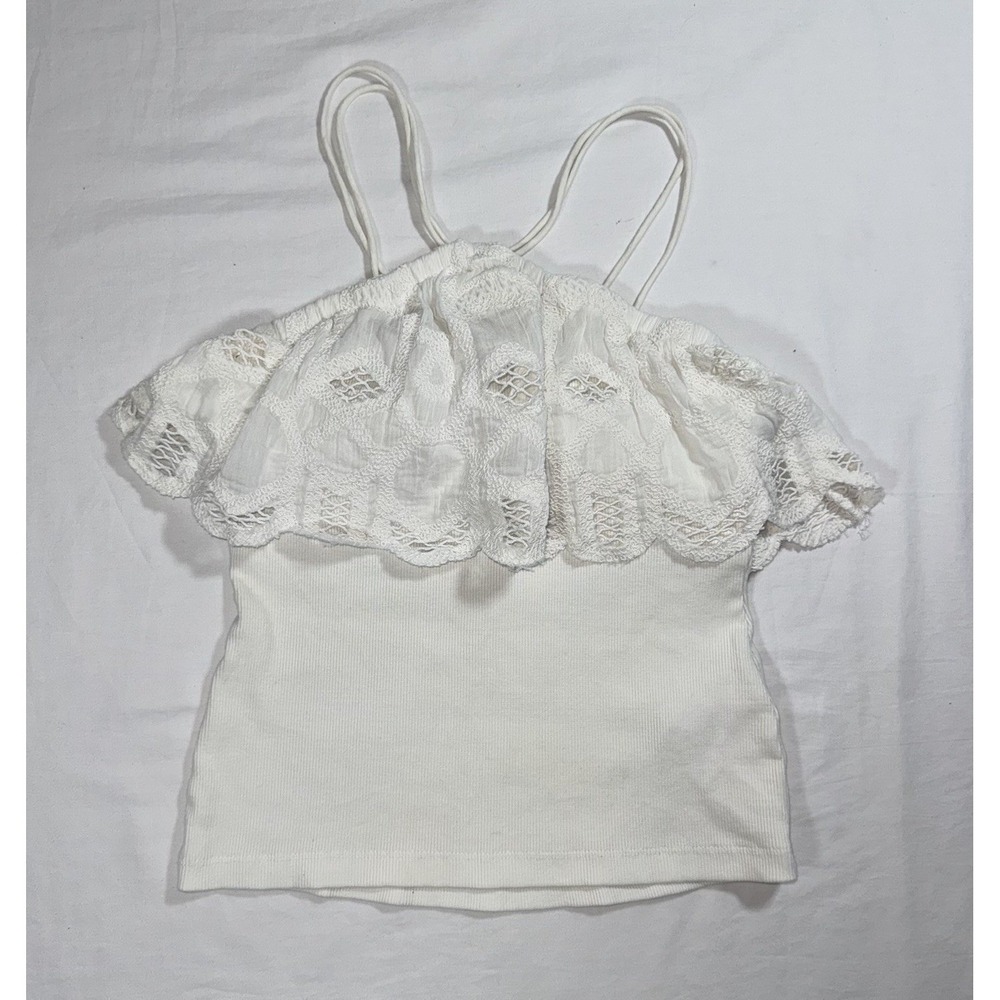 Anthropologie Boho White Ribbed Halter Strappy Top Eyelet Lace Ruffle Womens